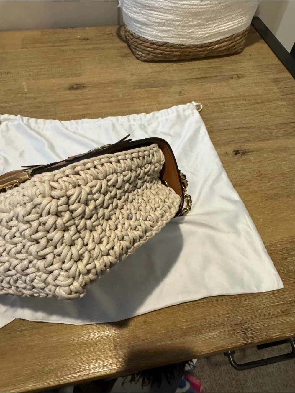 Michael Kors Brown Leather Floral Flap with Cream Crochet Shoulder Bag - Picture 5 of 8